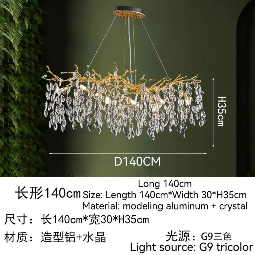 Golden Crystal Tree Chandelier, Luxury Matte Aluminum Art Ceiling Light for Living Room