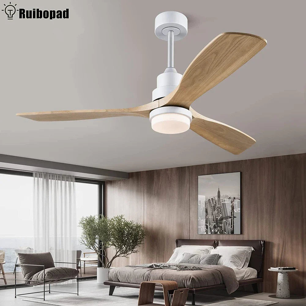 Nordic 52" Ceiling Fan with LED Light and Control - Modern White/Black Wood Chandelier