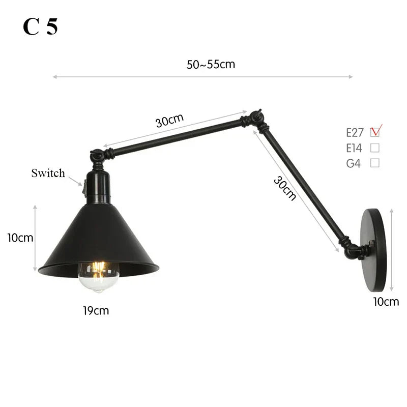 Retro Long Arm Bedside Wall Lamp with Switch - Black