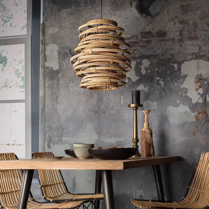 Bamboo Birdnest Pendant Light for Dining Room, Handmade Wicker Lamp for Kitchen Bar & Living Room