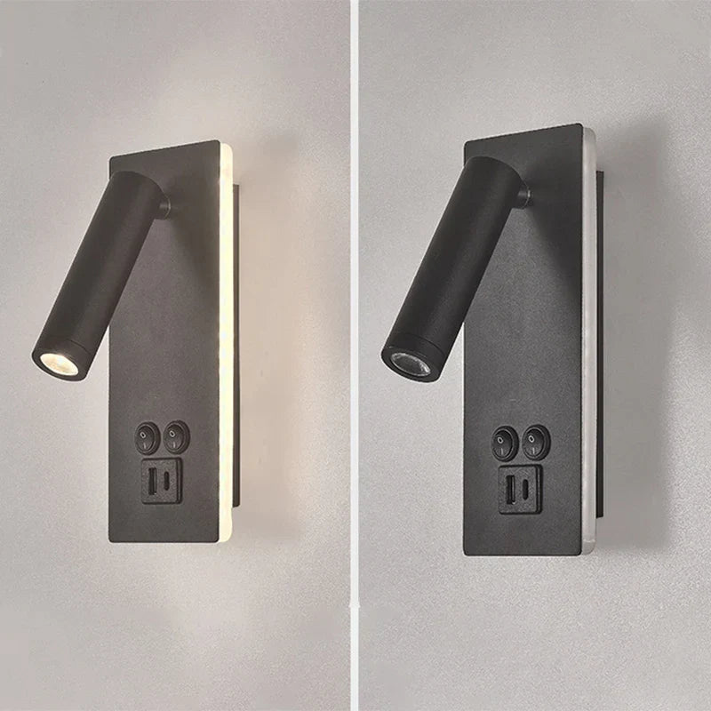 Black Brass LED Wall Lamp with USB Port & Switch - 3W Spotlight for Bedroom