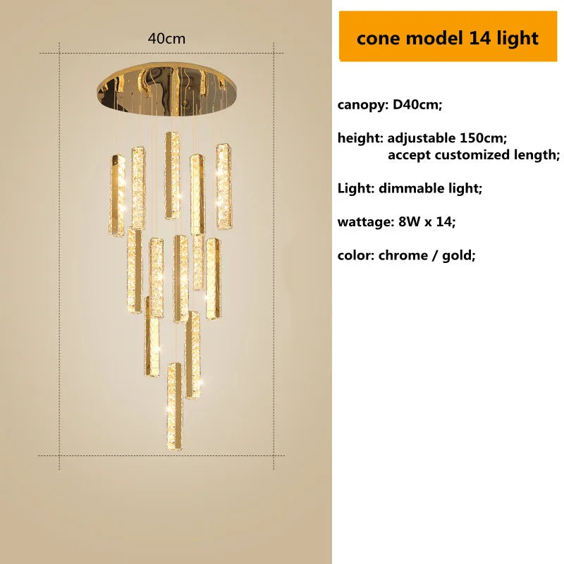 Crystal Lustre Pendant Lights with Dimmable LED, Adjustable Cable - Gold Chrome Steel