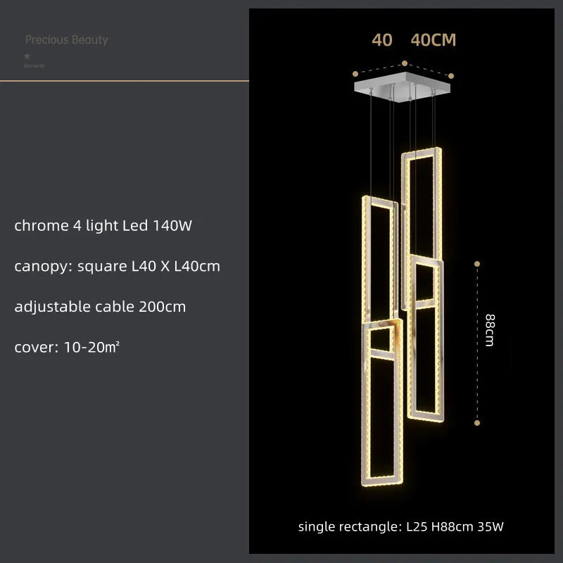 Modern Crystal LED Pendant Lights Steel Rectangle Hanging Lamp