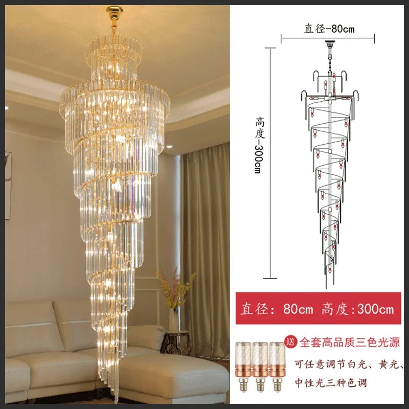 Crystal Spiral Chandelier | Elegant Long Pendant Light for Hotel Lobby & Sales Hall