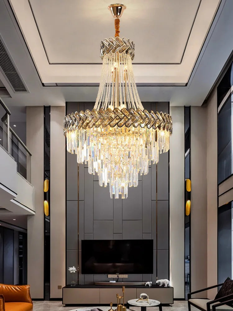 Crystal Chandelier: Modern European Duplex Villa Living Room Luxury Hollow Stair Light