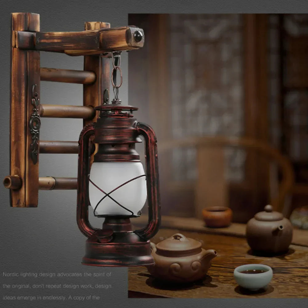 Vintage Industrial Wall Sconce Wooden Kerosene Lamp for Cafe Bar Decor