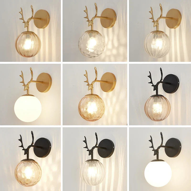 Retro Antlers Glass Ball Wall Lamp for Indoor LED Decor Lighting