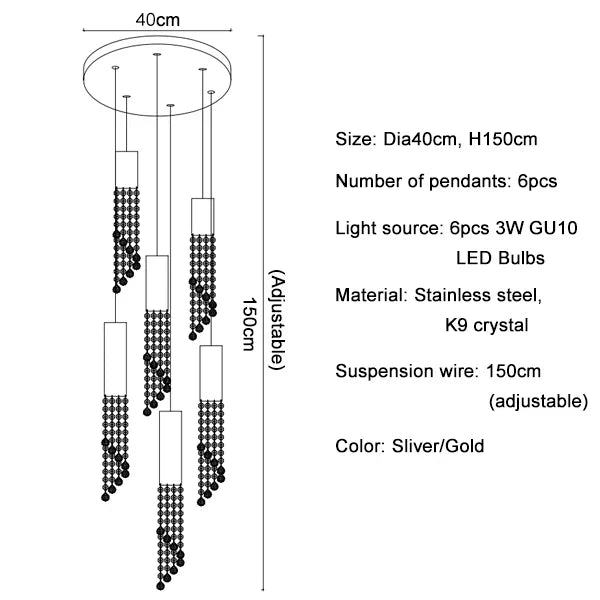 Crystal Staircase Chandelier: Modern LED Lighting for Living Room, Hall, or Loft