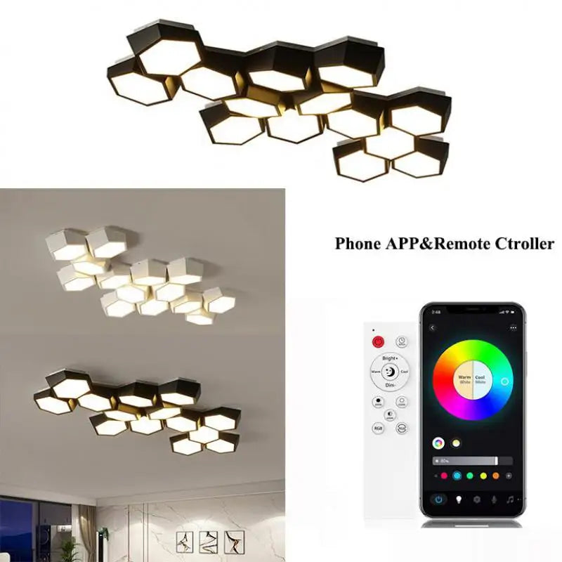 Hexagon LED Ceiling Lights, Smart Control Dimmable Chandelier for Living Room & Bedroom