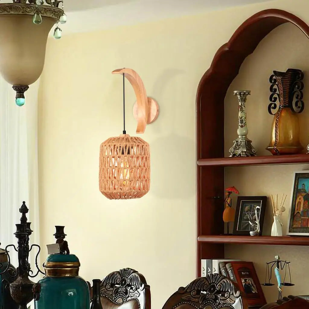 Modern Wood Hemp Rope Wall Sconce for Indoor Home Decor Lighting