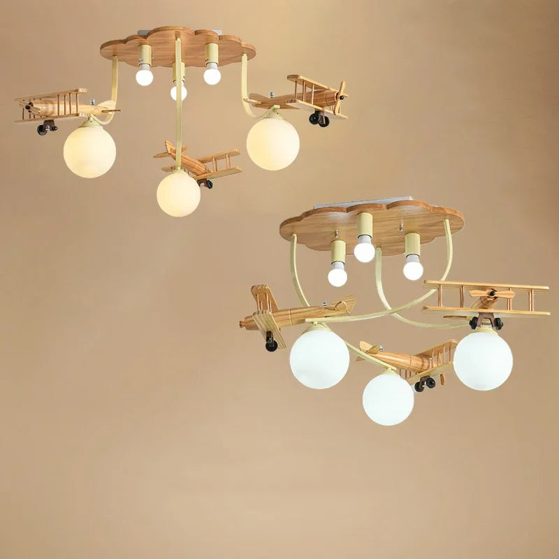 Wooden Plane Nursery Ceiling Light for Kids Room LED Chandelier