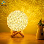 Minimalist Rattan Ball LED Table Lamp with Solid Wood Base