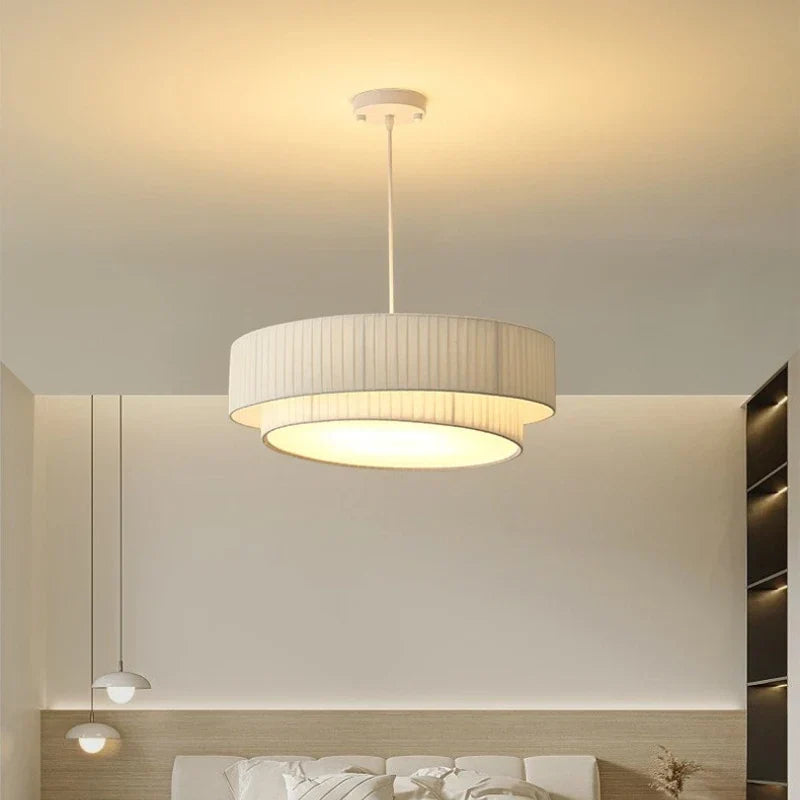 Creamy Style E27 Chandelier Bedroom Pendant Lights: Minimalist White Fabric LED Lamps