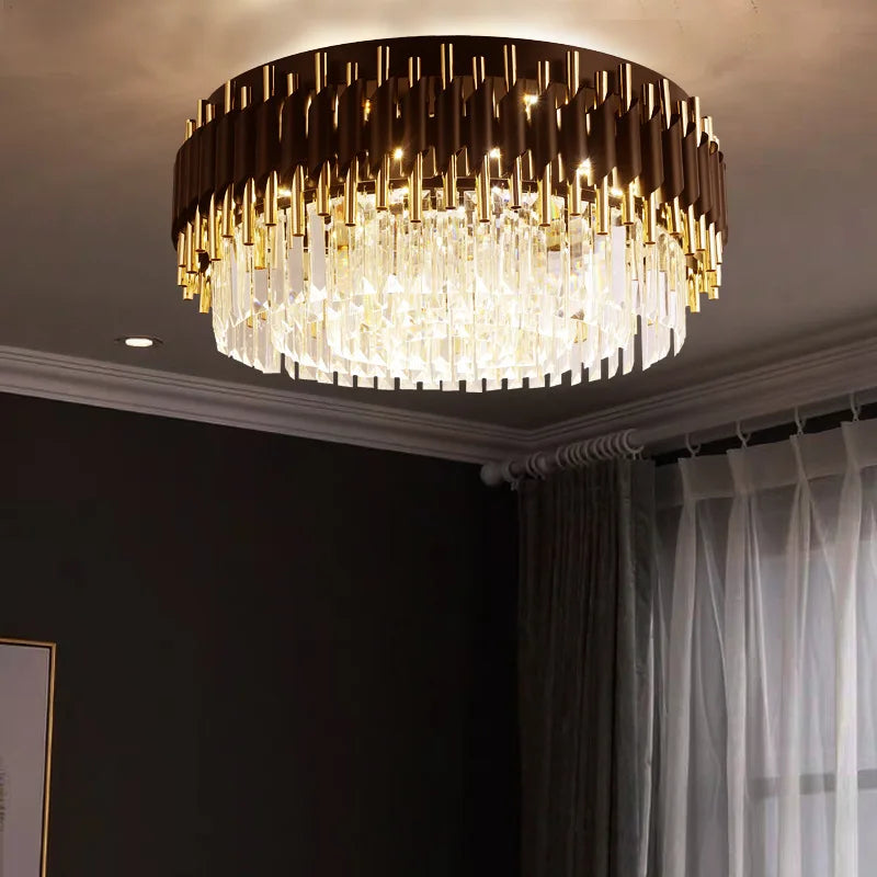 Gold Black Crystal Ceiling Chandelier - Round LED Pendant for Living Room Lighting