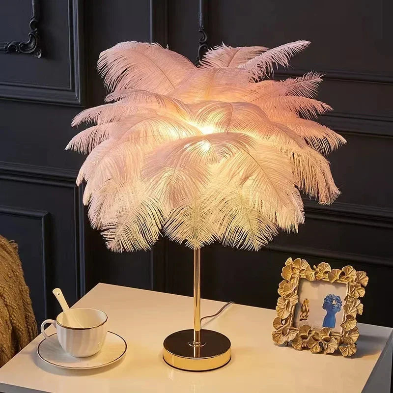 Nordic Feather Tree Lamp: Pink White Ostrich Feather Bedside Table Lamps