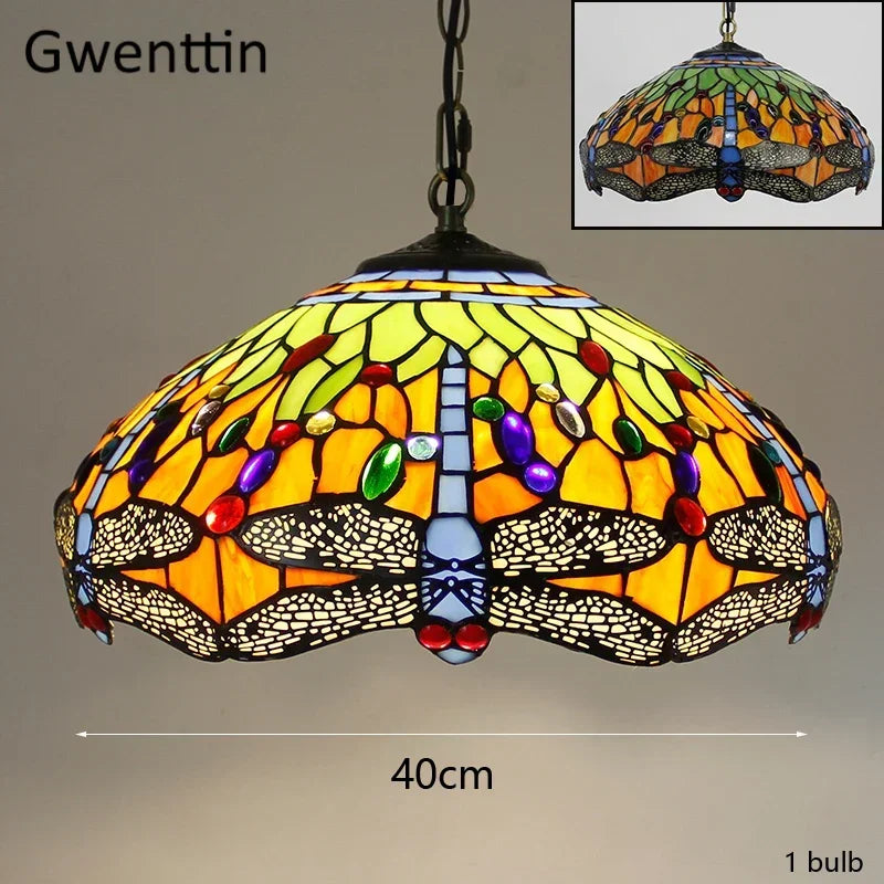 Mediterranean Tiffany Stained Glass Pendant Light Vintage Hanging Lamp Art Decor