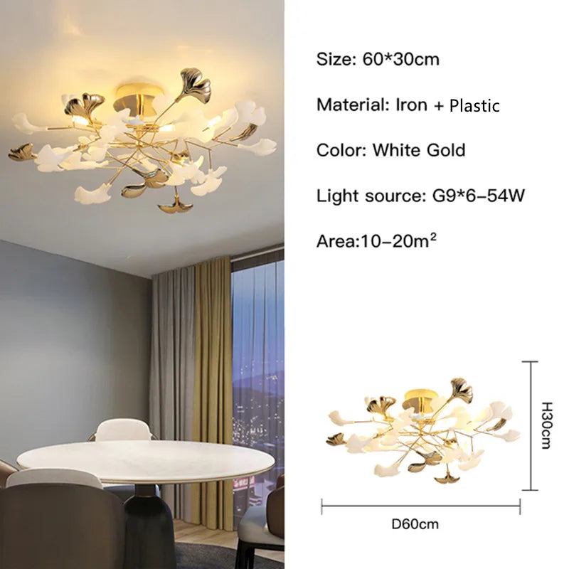 Gold Branches Chandelier with Porcelain Leaves Pendant Light - Luxury Living room Decor
