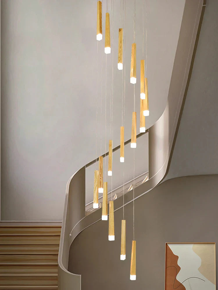 Wooden Chandelier: Modern LED Staircase Hanging Light