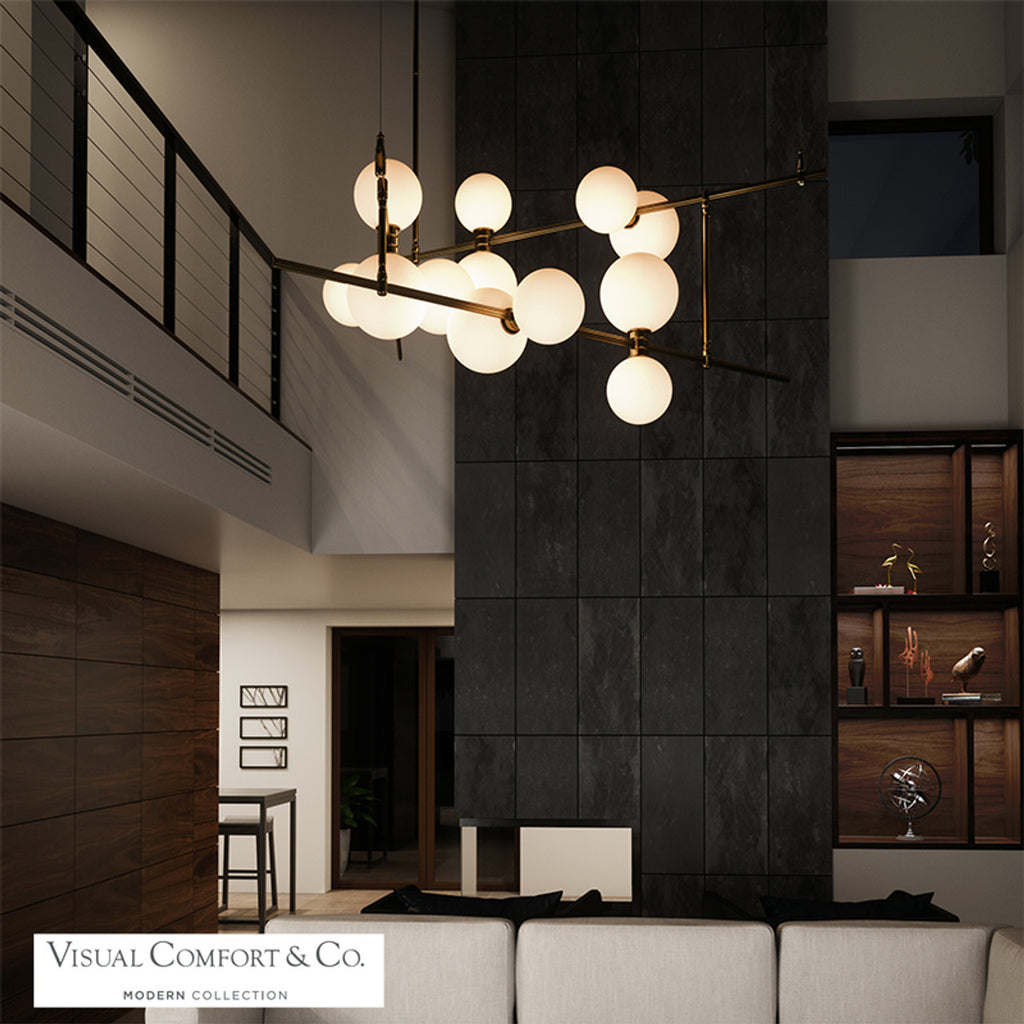 ModernRail Chandelier, 12-Light, 3-Tier, LED, Aged Brass, Frosted Glass, 48"W (700MDCHGRR 70DR3L6)