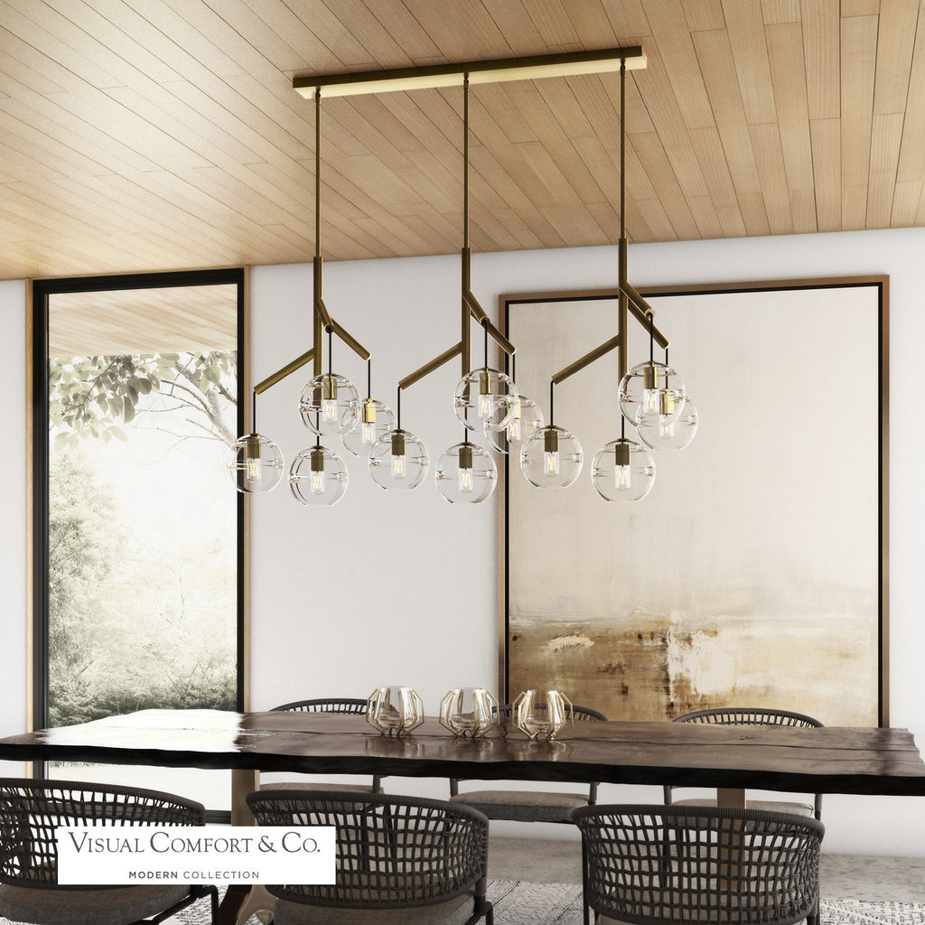 Sedona Triple Chandelier, 12-Light, LED, Aged Brass, Transparent Glass Orb, 24.5"W (700SDNMPL3CR-LED927 70E7GV5)