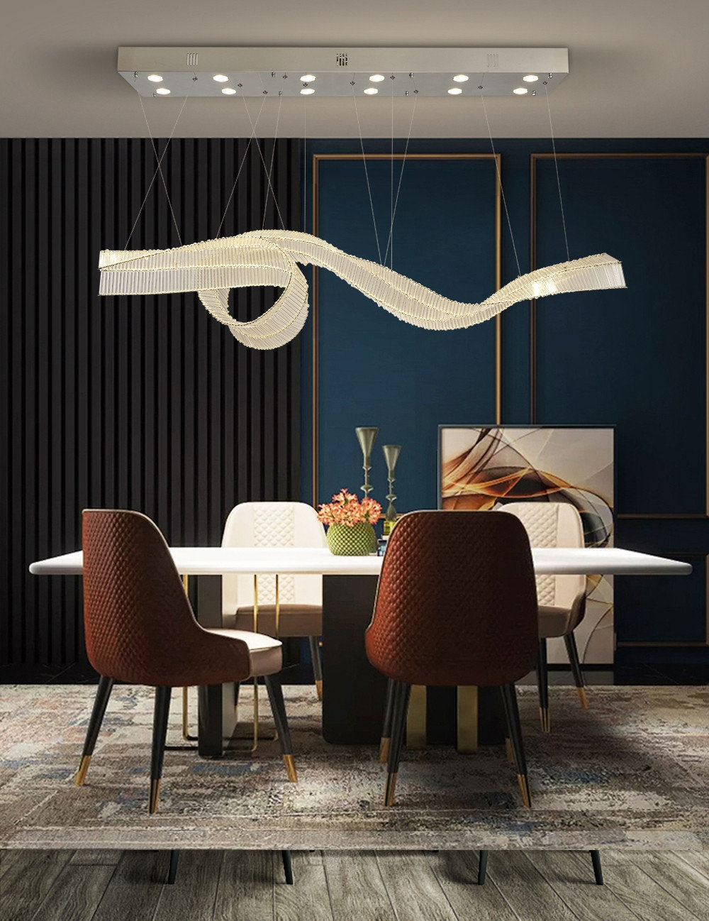 Alassio | Creative LED Chandelier in the Shape of Ribbon, Silver, L39.4" / L100.0cm, Warm Light, DimmableBy Miron Demid LLC