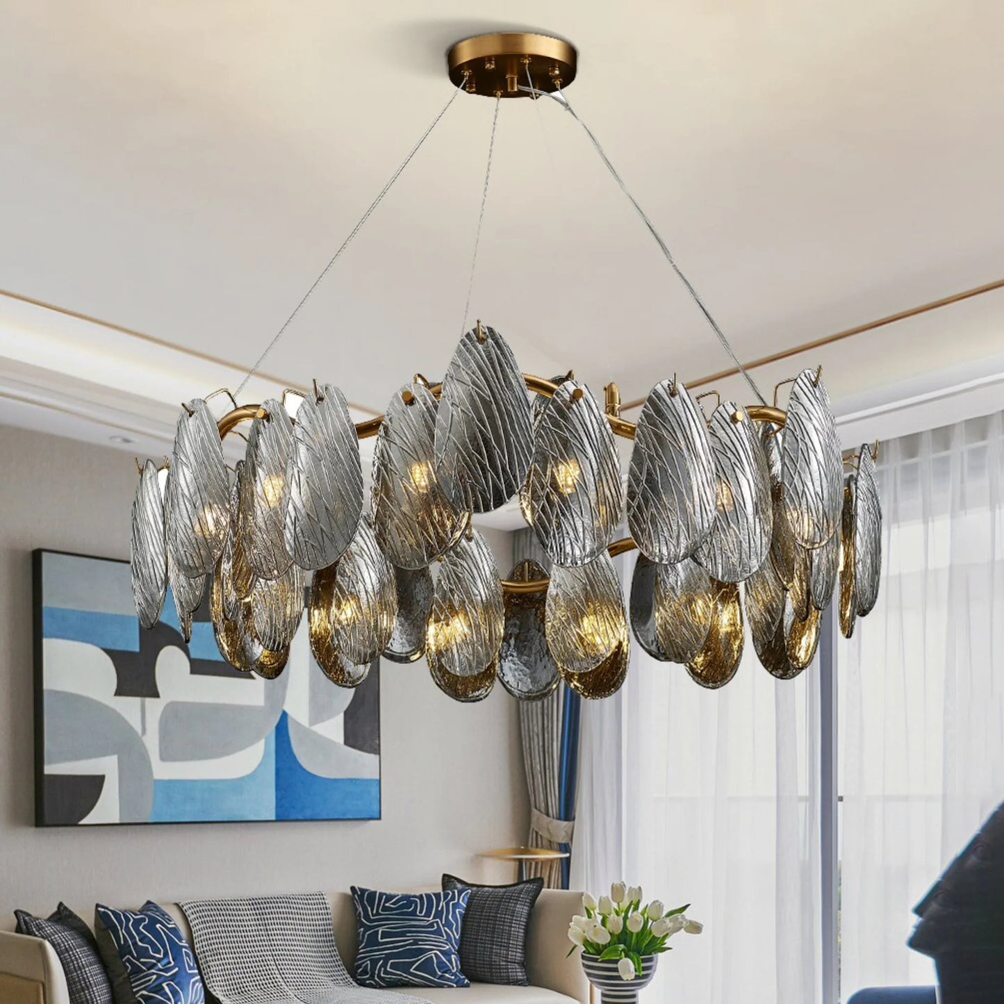 Zafferana Etnea | Round Smoke Gray Crystal Chandelier for Bedroom, White, 33.5"By Miron Demid LLC