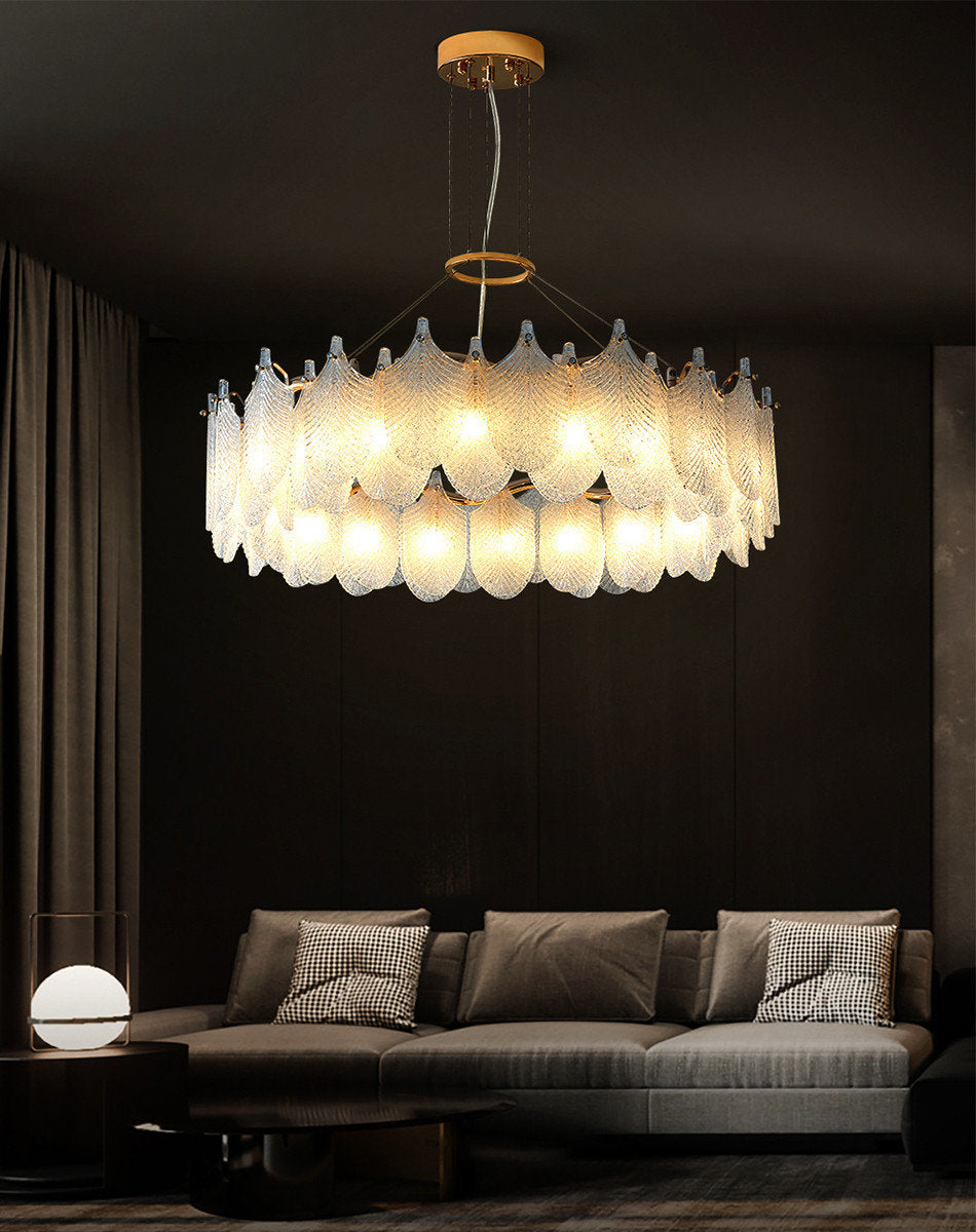 Algua | Round Gold Leaf White Frosted Glass Chandelier for Living Room, Dia31.5"By Miron Demid LLC