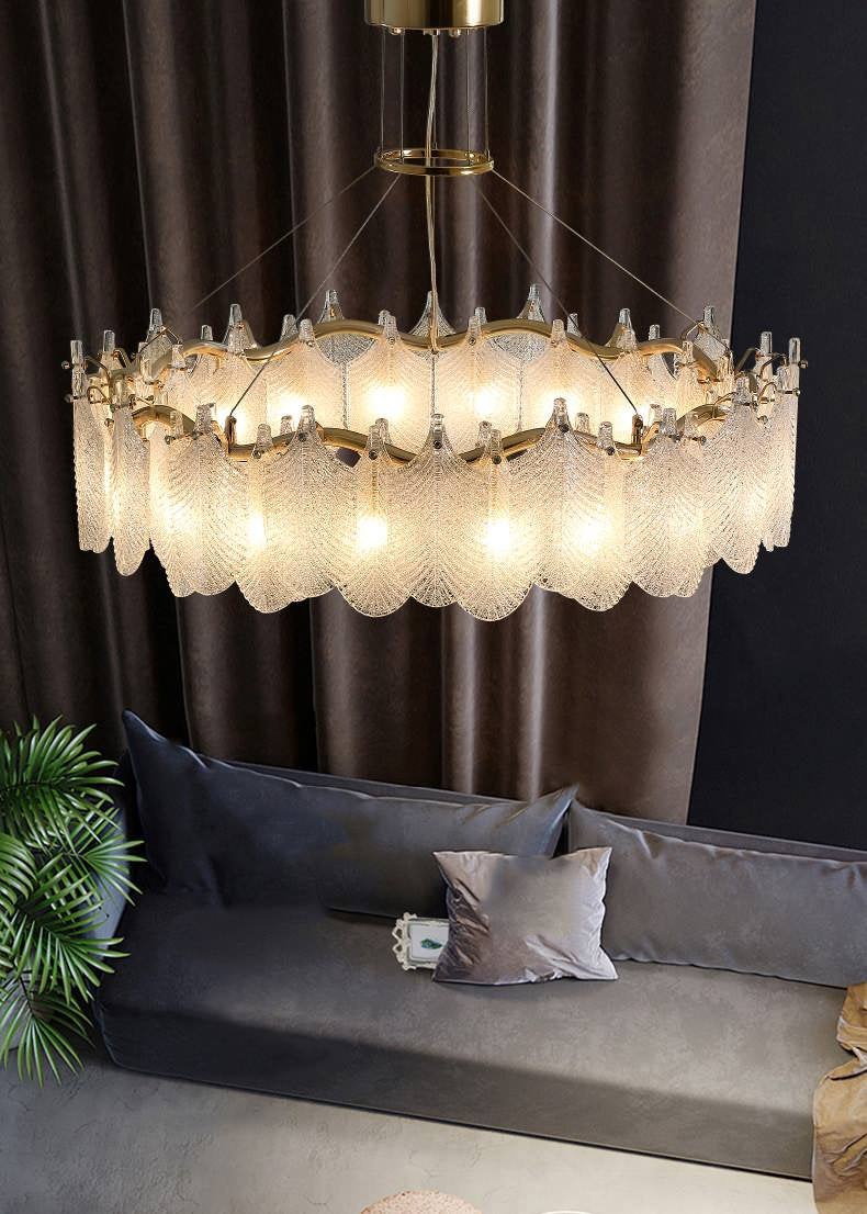 Algua | Round Gold Leaf White Frosted Glass Chandelier for Living Room, Dia31.5"By Miron Demid LLC