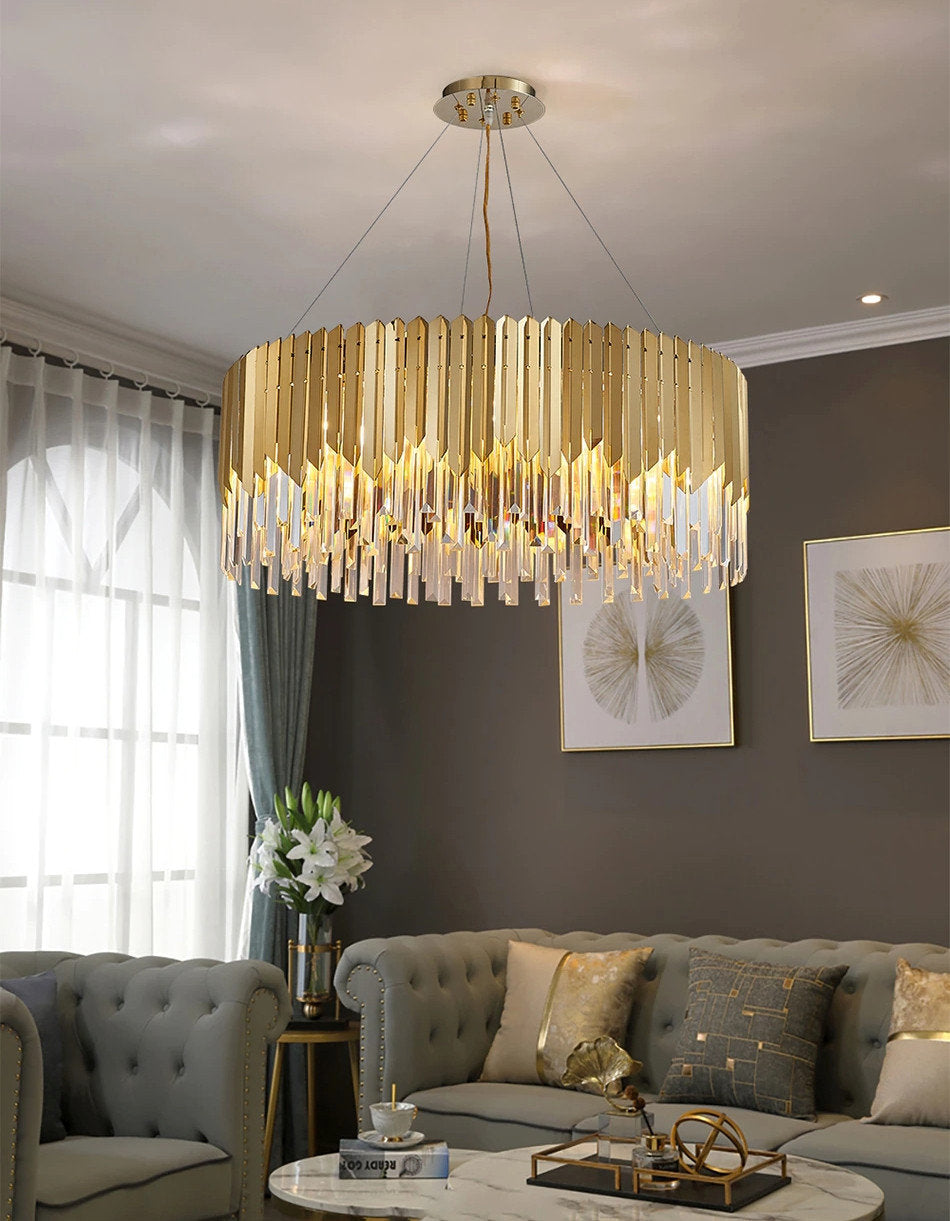 Gent | Drum Gold Crystal Chandelier for Living Room, 31.5"By Miron Demid LLC