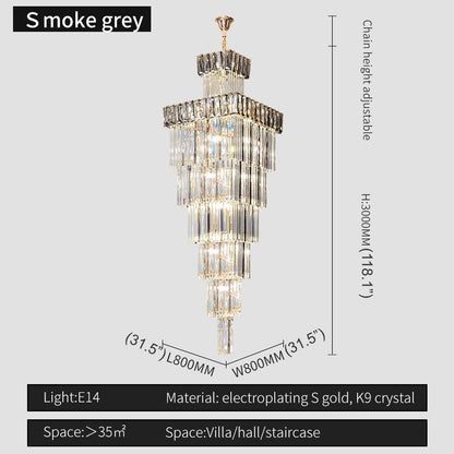 Beuil | High-end Villa Staircase Square Crystal Chandelier, Smoke Gray, H118.1"By Miron Demid LLC