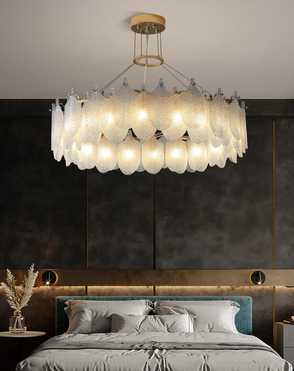 Algua | Round Gold Leaf White Frosted Glass Chandelier for Living Room, Dia31.5"By Miron Demid LLC