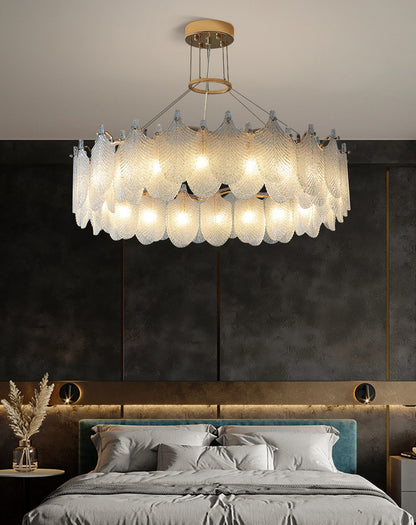 Algua | Round Gold Leaf White Frosted Glass Chandelier for Living Room, Dia31.5"By Miron Demid LLC