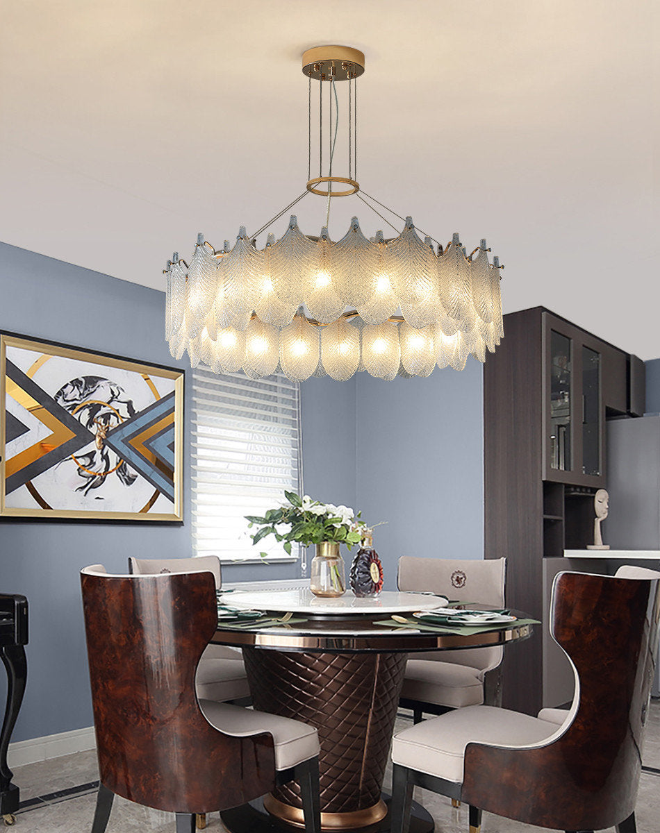 Algua | Round Gold Leaf White Frosted Glass Chandelier for Living Room, Dia31.5"By Miron Demid LLC