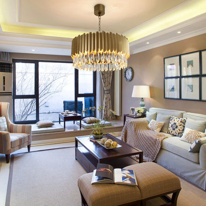 Almese | Drum Gold/Black Crystal Chandelier For Living Room, Gold, Dia23.6"By Miron Demid LLC