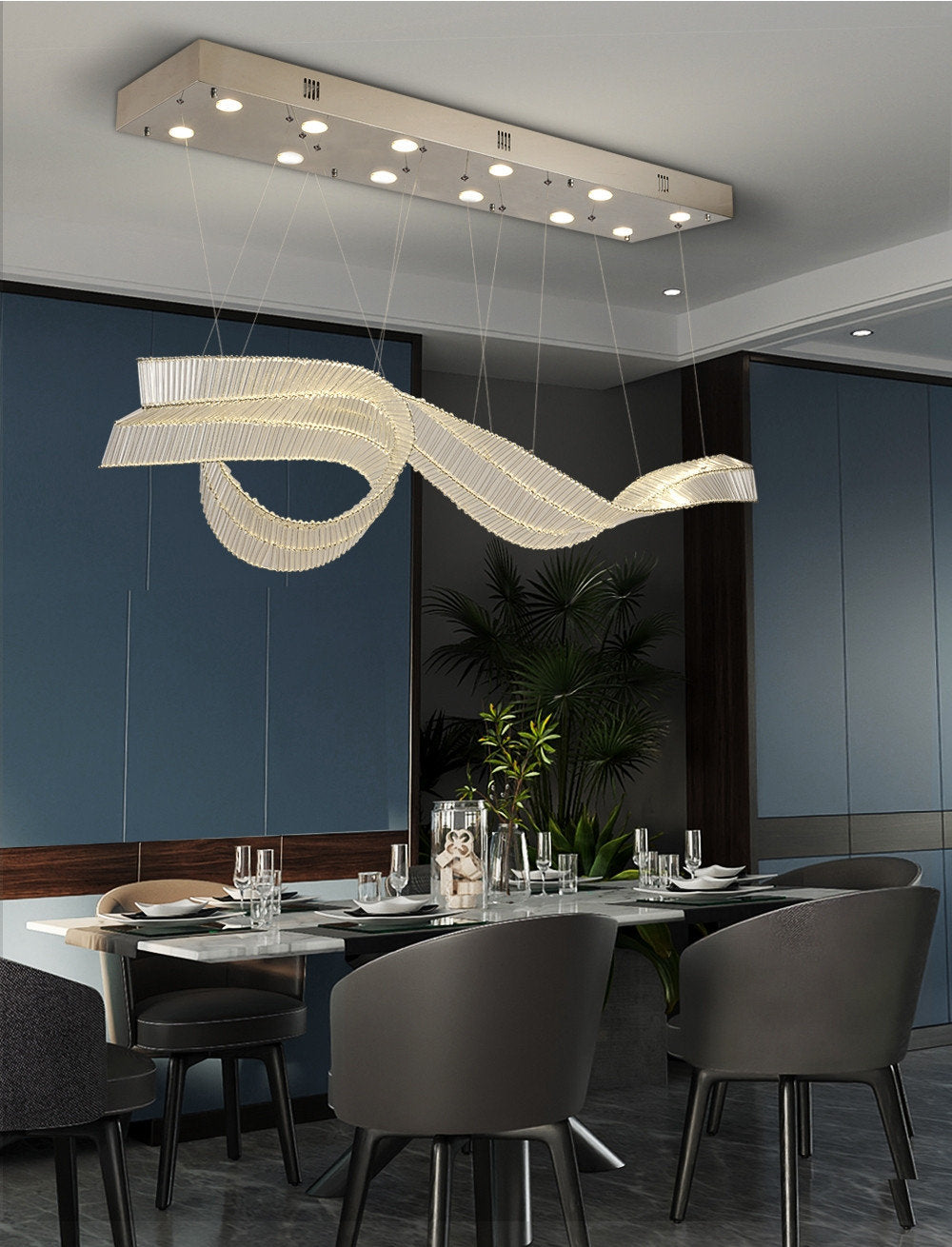 Alassio | Creative LED Chandelier in the Shape of Ribbon, Silver, L39.4" / L100.0cm, Warm Light, DimmableBy Miron Demid LLC