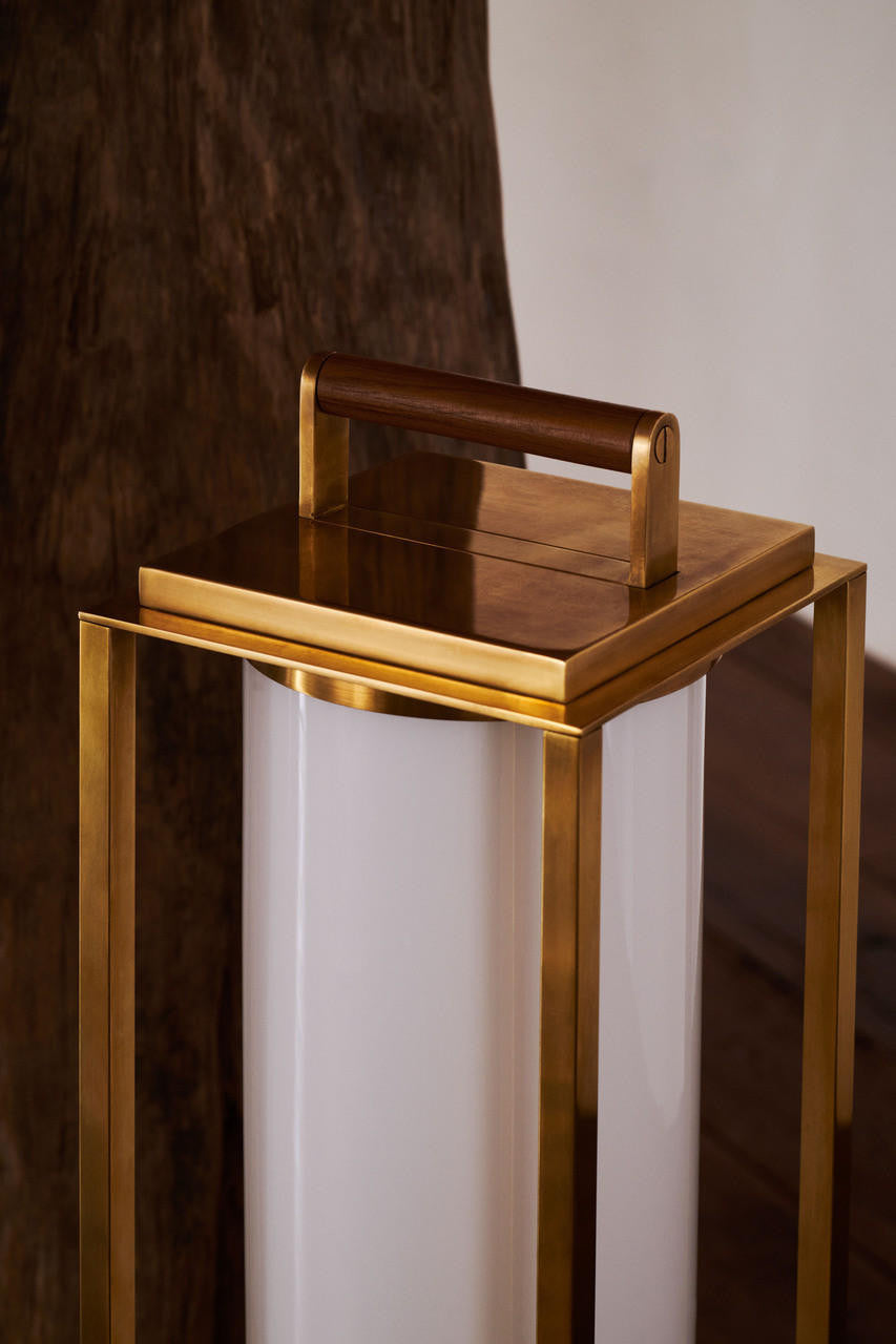 Northport Floor Lantern - Natural Brass and Teak