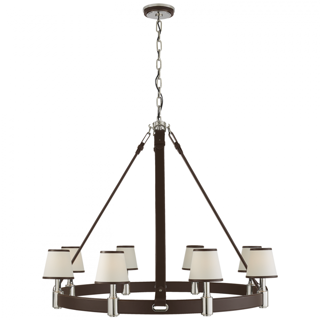 Riley Large Ring Chandelier - Polished Nickel and Chocolate Leather