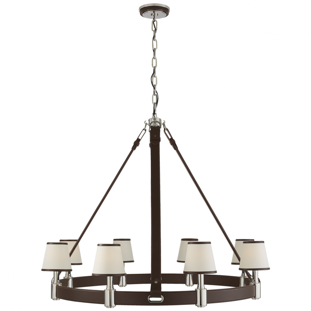 Riley Large Ring Chandelier - Natural Brass and Navy Leather
