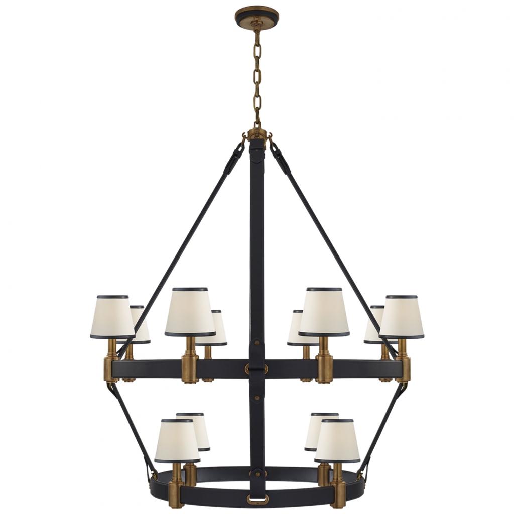 Riley Large Two Tier Chandelier - Natural Brass and Navy Leather