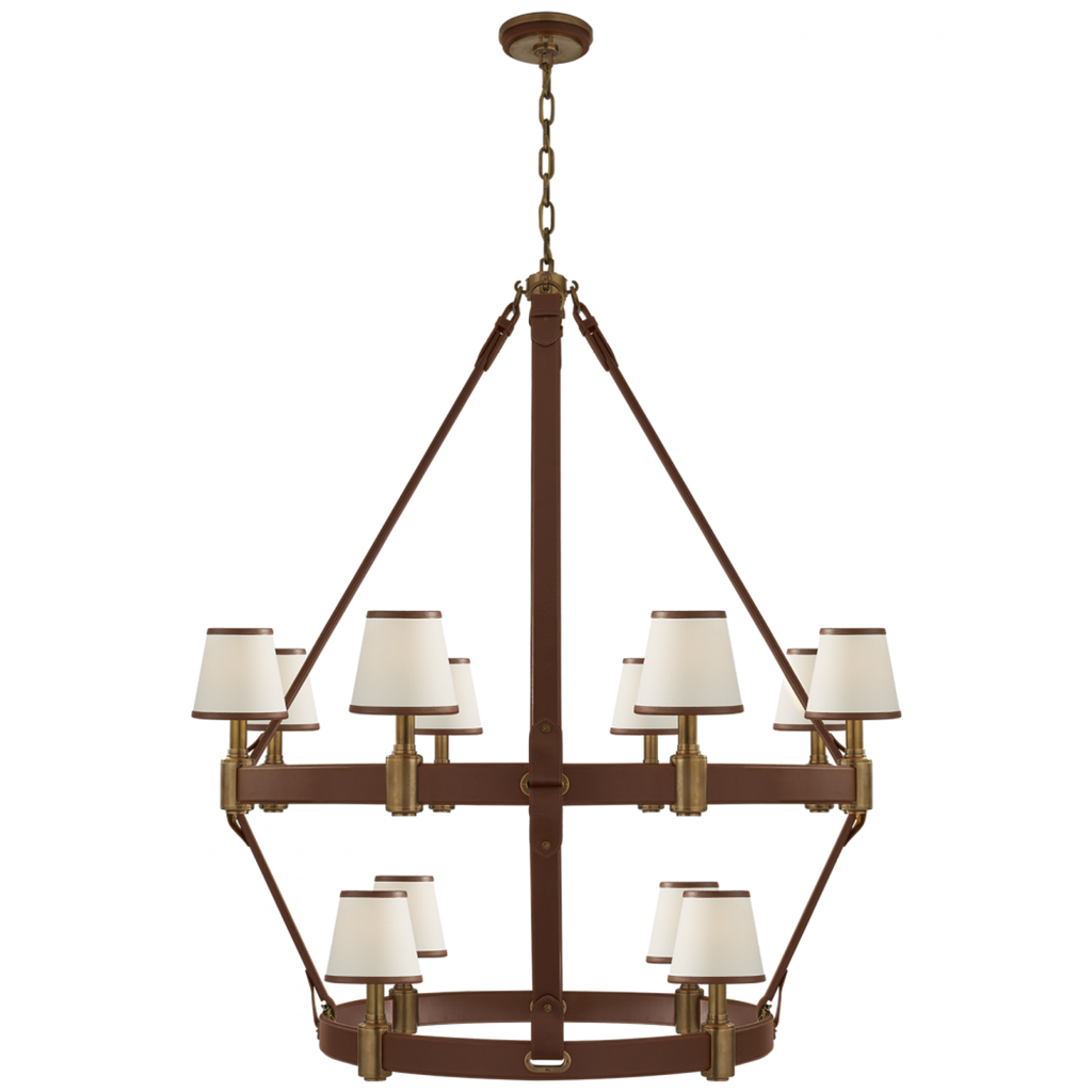 Riley Large Two Tier Chandelier - Natural Brass and Saddle Leather