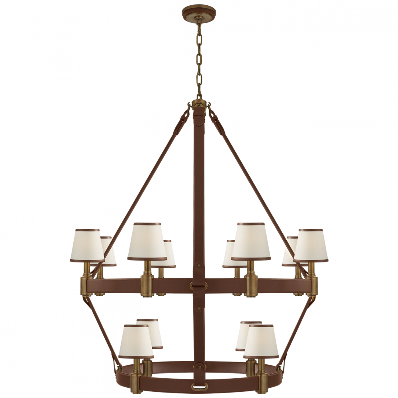 Riley Medium Ring Chandelier - Polished Nickel and Chocolate Leather