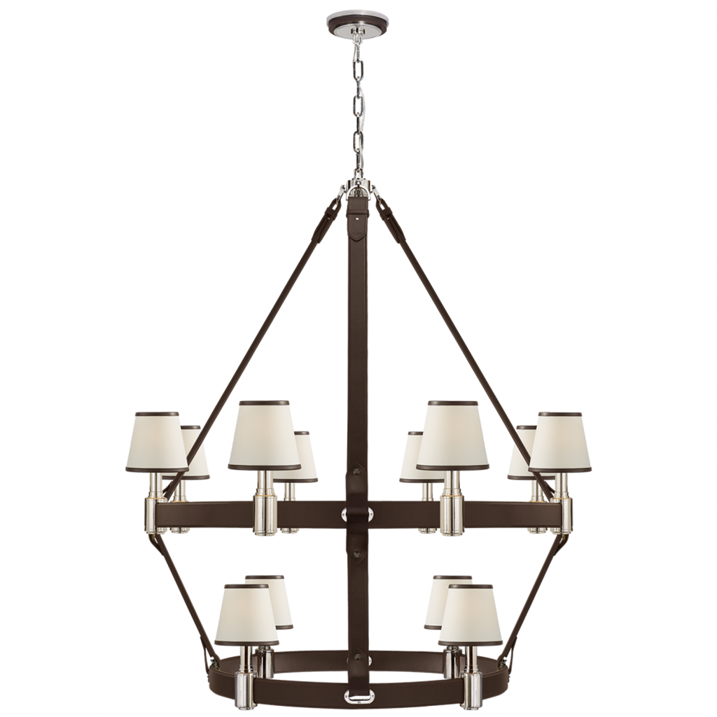 Riley Large Two Tier Chandelier - Polished Nickel and Chocolate Leather