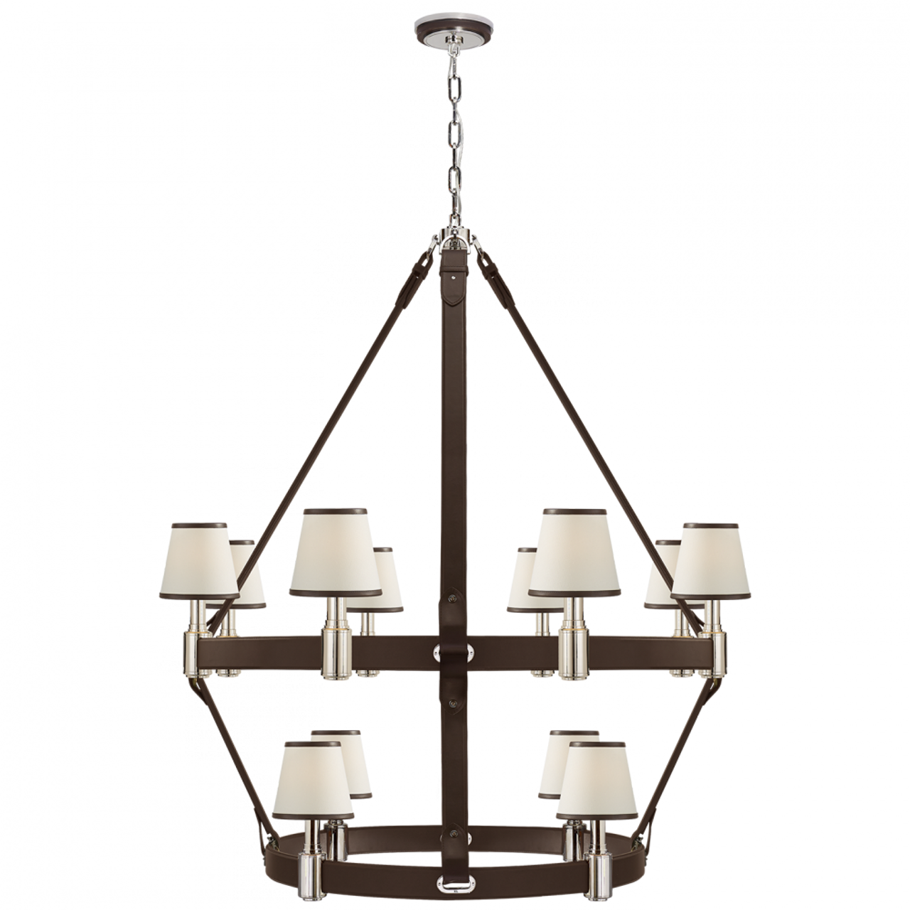 Riley Large Two Tier Chandelier - Natural Brass and Saddle Leather